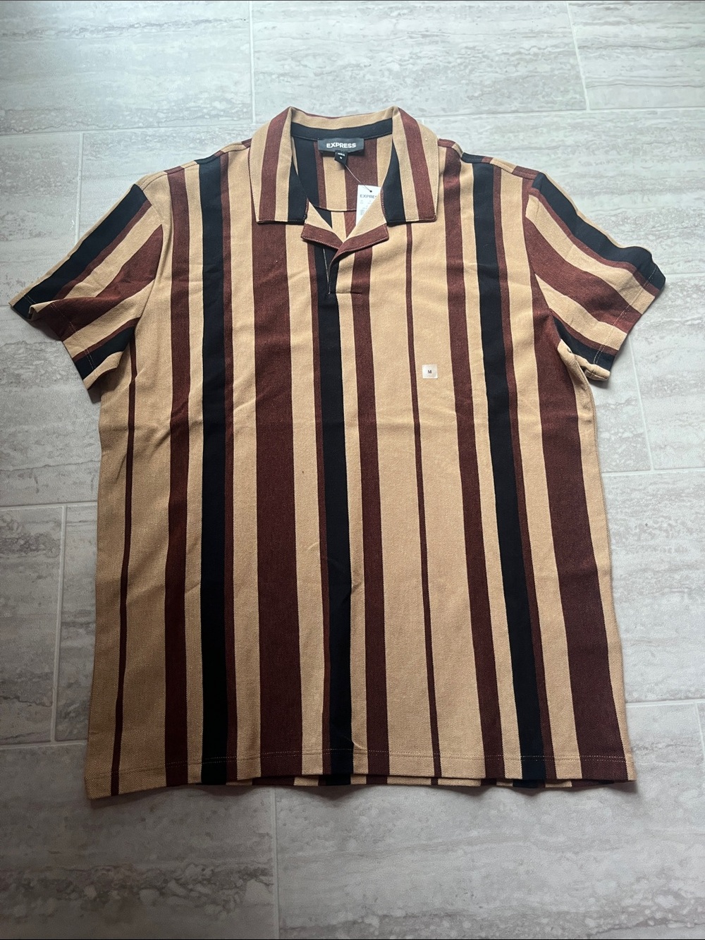 Express Men’s Short Sleeve Striped Polo Shirt - Brown/Black/Cream